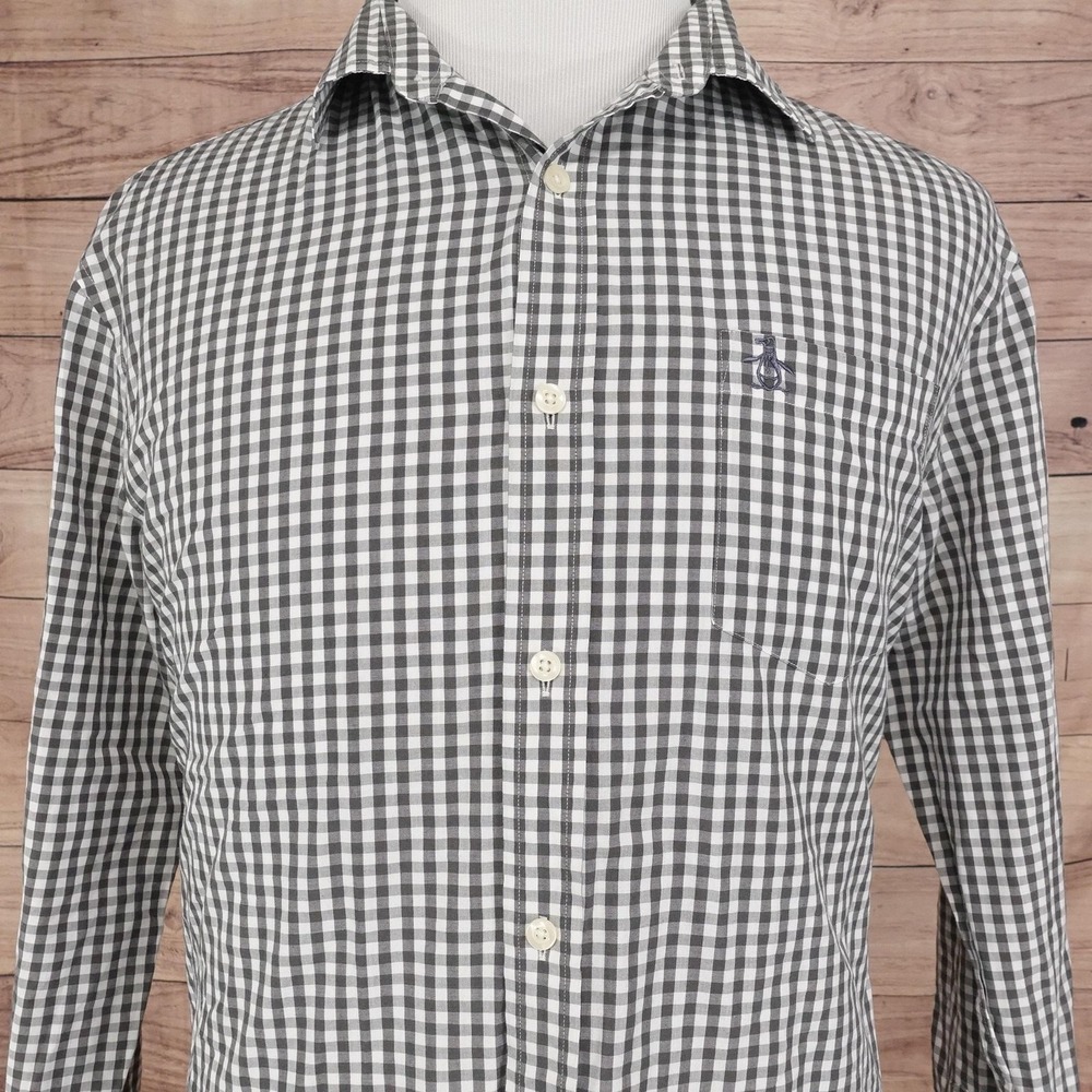 Original Penguin Shirt Mens XL Gray Check Long Sleeve Button-Up Classic Fit